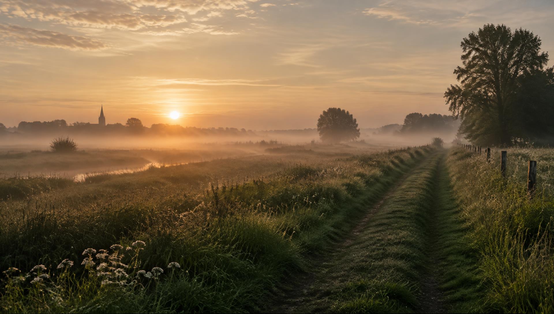 Ochtendlicht boven een Vlaams veld met een open pad